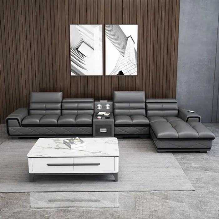 Luxury Furniture Sofa Set Modern Multifunction Furniture Living Room Sofa Set with Charging and Speaker Leather Sofa — image 4
