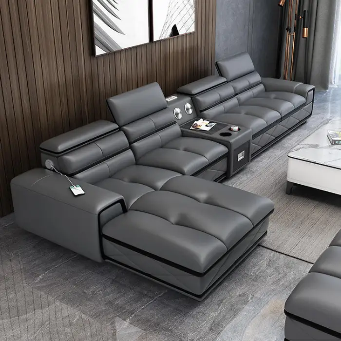 Luxury Furniture Sofa Set Modern Multifunction Furniture Living Room Sofa Set with Charging and Speaker Leather Sofa — image 5