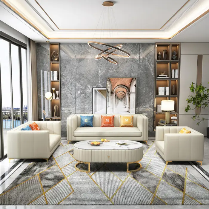 High Quality Light Luxury Sofa Set Furniture Living Room Modern Luxury White Sofa Set Leather Modern Sofa 3 2 1 Set Furniture — image 3