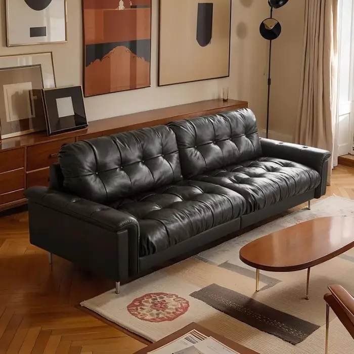 Retro Italian Light Luxury Leather Sofa High Quality Popular Modern Couch for Home Solid Wood Three Seater Elegant Office Sofa — image 2