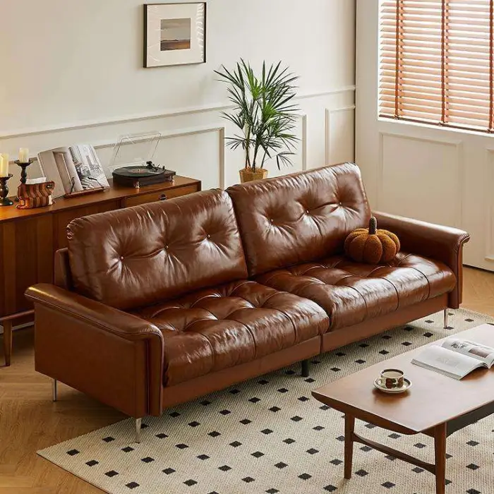 Retro Italian Light Luxury Leather Sofa High Quality Popular Modern Couch for Home Solid Wood Three Seater Elegant Office Sofa — image 3