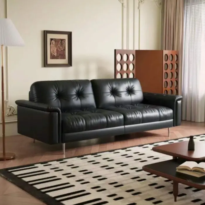 Retro Italian Light Luxury Leather Sofa High Quality Popular Modern Couch for Home Solid Wood Three Seater Elegant Office Sofa — image 4