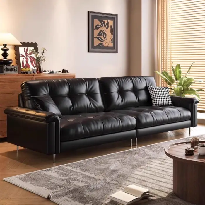 Retro Italian Light Luxury Leather Sofa High Quality Popular Modern Couch for Home Solid Wood Three Seater Elegant Office Sofa — image 5