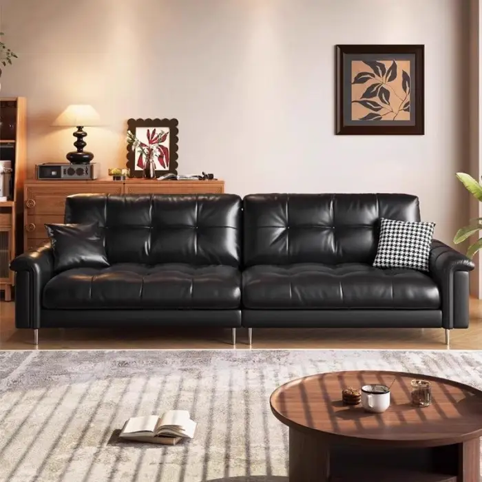 Retro Italian Light Luxury Leather Sofa High Quality Popular Modern Couch for Home Solid Wood Three Seater Elegant Office Sofa — image 6