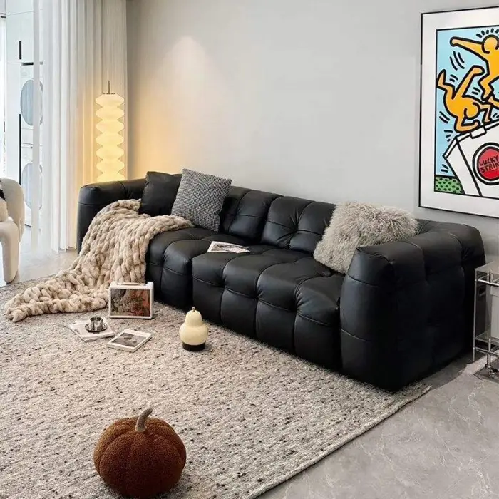 High Quality Furniture Living Room Sofa Set Modern Luxury Leather Design Black Sofa Couch Comfortable Home Sofa — image 3