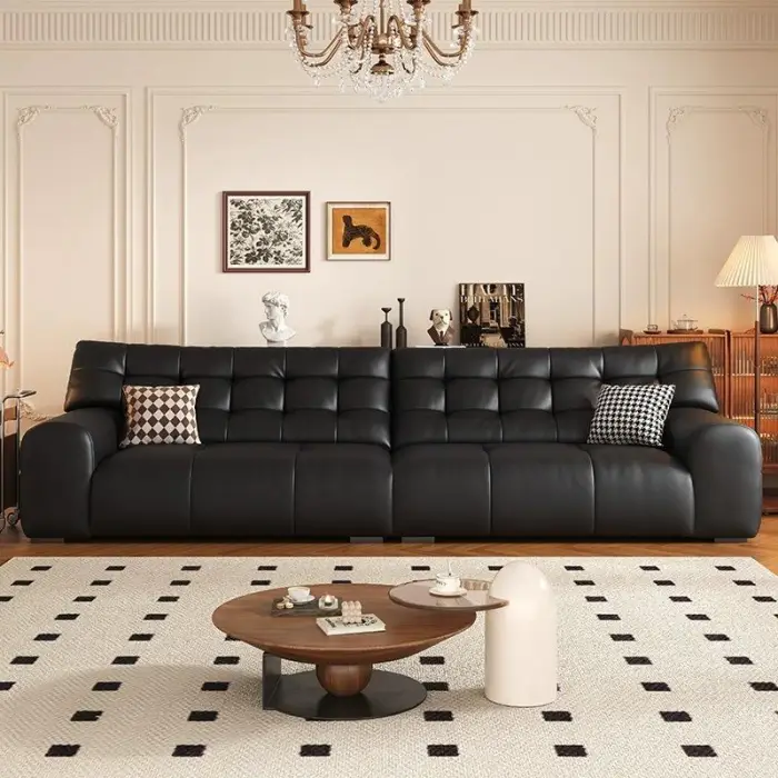 French Retro Leather Sofa Italian Light Luxury Living Room Three Seat Sofa Couch Black Leather Sofa — image 2