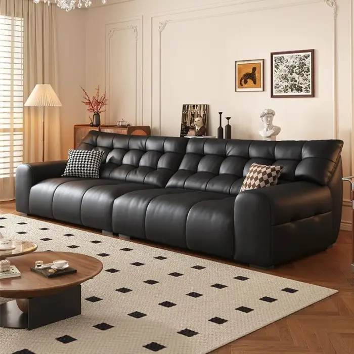 French Retro Leather Sofa Italian Light Luxury Living Room Three Seat Sofa Couch Black Leather Sofa — image 3