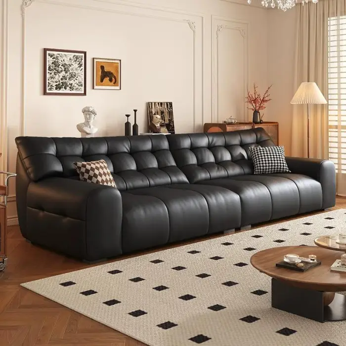 French Retro Leather Sofa Italian Light Luxury Living Room Three Seat Sofa Couch Black Leather Sofa — image 4