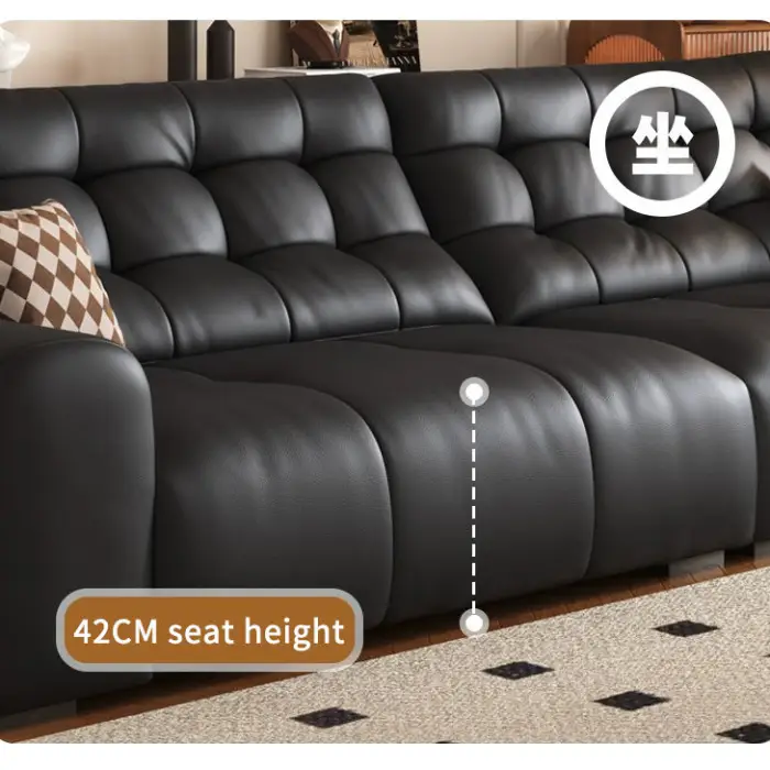 French Retro Leather Sofa Italian Light Luxury Living Room Three Seat Sofa Couch Black Leather Sofa — image 5