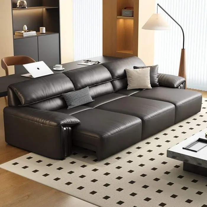 Italian Modern Living Room Sofa Bed Light Luxury Brown Leather Remote Control Sofa Bed Three Seater Electric Sofas for Home — image 3