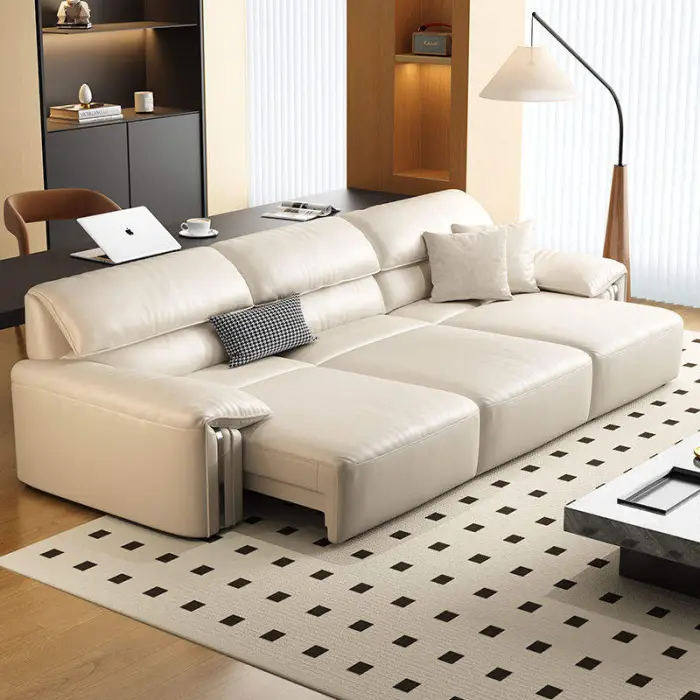 Italian Modern Living Room Sofa Bed Light Luxury Brown Leather Remote Control Sofa Bed Three Seater Electric Sofas for Home — image 4
