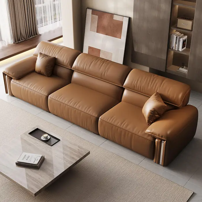 Italian Modern Living Room Sofa Bed Light Luxury Brown Leather Remote Control Sofa Bed Three Seater Electric Sofas for Home — image 5