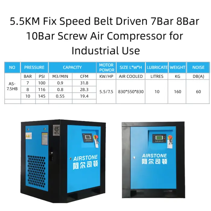 5.5KM Fix Speed Belt Driven 7Bar 8Bar 10Bar Screw Air Compressor for Industrial Use — image 3