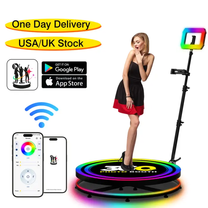 Portable 360 Photo Booth Platform for Parties Weddings Events with Remote Control Rotating Arm and Custom LED Lighting — image 3