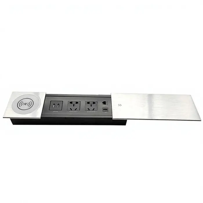 Aluminum Alloy Embedded Smart Furniture Office Desk Multifunctional Slide Cover Socket Desktop Socket with Wireless Charger — image 3