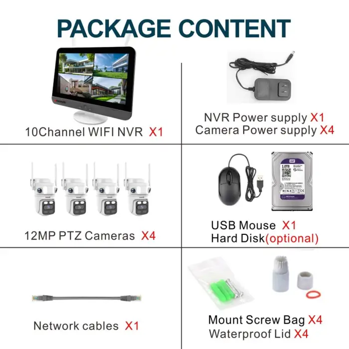 No-Cable 12MP CCTV System 12.5 InchTablet Recorder, 3-Lens 360 Move Camera, Local Record No Internet — image 6