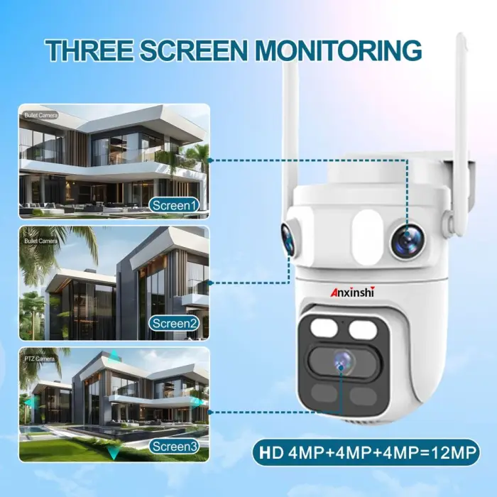 4CH Solar Security Camera System Wireless Wifi NVR Monitor 12.5inch Three Lens CCTV Camera System Network Phone Connection — image 4