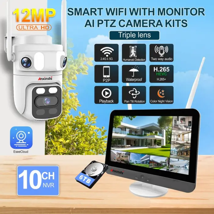 8CH Wireless Wifi Security Camera System 12.5inch Wifi NVR Monitor Three Lens Pan and Tilt Camera Smart AI Human Auto Tracking — image 2