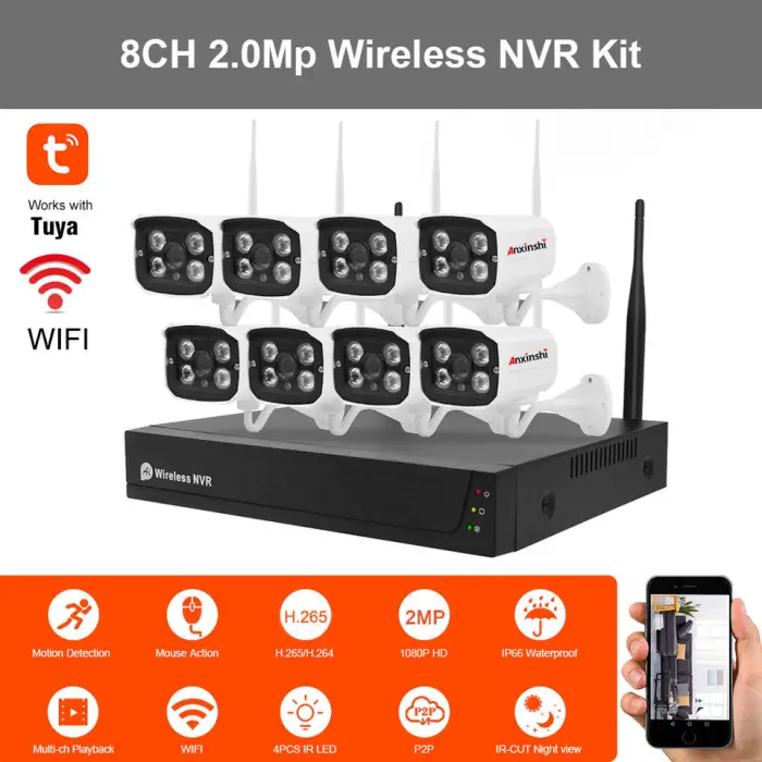 Tuya Anxinshi 8pcs HD 2.0MP Mini Bullet IP Camera IP66 Waterproof Motion Detect 8CH Wifi Wireless NVR Camera Kit — image 3