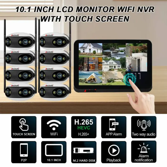 8CH Wireless Security Camera System with Touch Screen Wifi Dual Lens Camera for Outdoor and Indoor Full Color Night Vision P2P — image 2