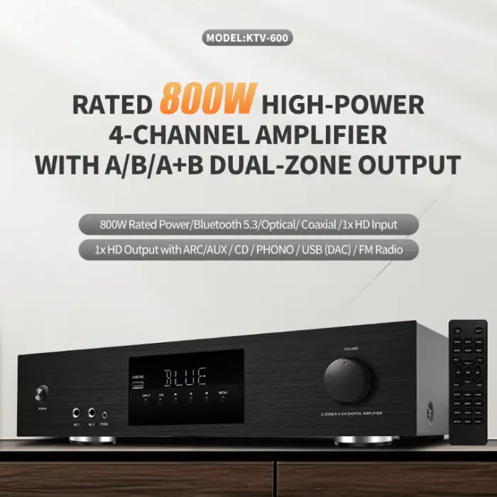 RMS 800W Hi-Fi 4-Channel Professional Audio Amplifier BT5.3 Home Karaoke Conference Church Amp with 4 Mic Input for Home Use — image 4