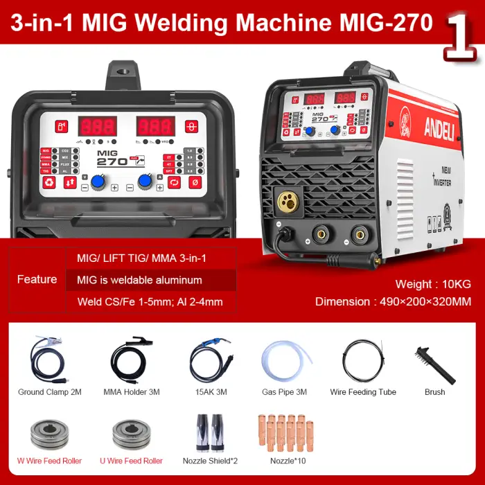 ANDELI MIG-270 Semi-automatic Welding Machine 3 in 1 MIG/Lift TIG/Stick Inverter MIG Welder Gas/Gasless Welding for Household — image 7