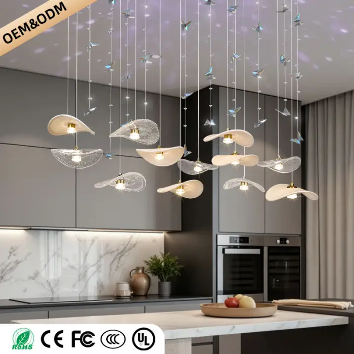 Dining Room Chandeliers Modern Villa Table Island Pendant Lamp Cream-white Lotus Leaf Glass Art Hanging Lamp — image 3