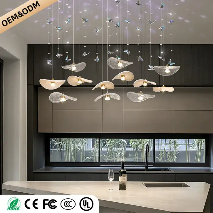 Dining Room Chandeliers Modern Villa Table Island Pendant Lamp Cream-white Lotus Leaf Glass Art Hanging Lamp — image 5