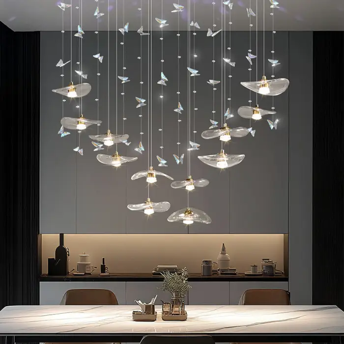 Dining Room Chandeliers Modern Villa Dining Table Bar Counter Kitchen Ceiling Lamp Double Color Lotus Leaf Glass Art Hanging Lam — image 3