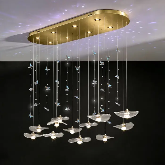 Dining Room Chandeliers Modern Villa Dining Table Bar Counter Kitchen Ceiling Lamp Double Color Lotus Leaf Glass Art Hanging Lam — image 5