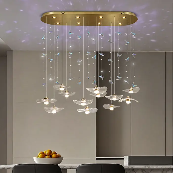 Dining Room Chandeliers Modern Villa Dining Table Bar Counter Kitchen Ceiling Lamp Double Color Lotus Leaf Glass Art Hanging Lam — image 6