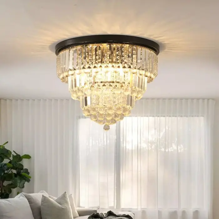 Modern Luxury K9 Crystal 3 Tier Flush Mount Chandelier Black Metal Ceiling Light Round Hanging Lamp for Living Room Decor — image 3