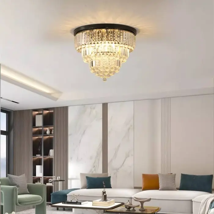 Modern Luxury K9 Crystal 3 Tier Flush Mount Chandelier Black Metal Ceiling Light Round Hanging Lamp for Living Room Decor — image 4