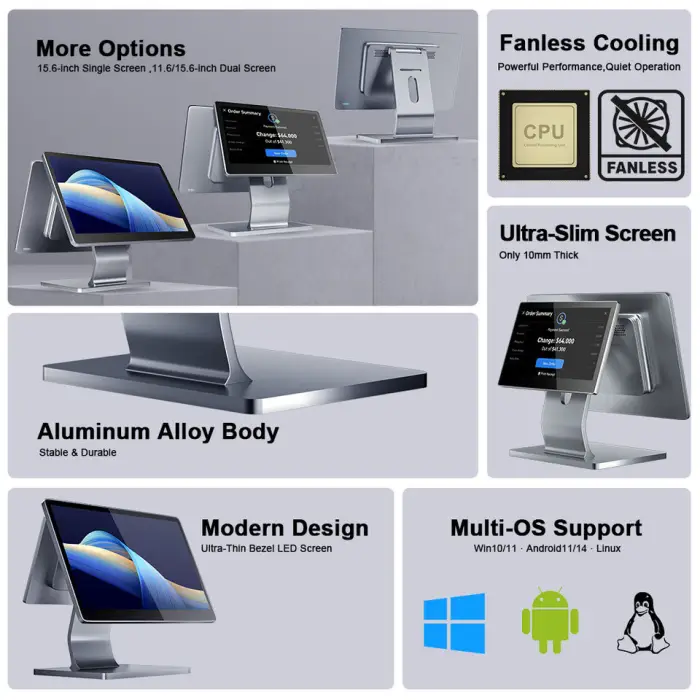 OEM Windows POS Terminal 15.6 Inch All-in-One Ultra Thin Aluminum Body Dual Screen for Supermarket Modern Design POS System — image 6