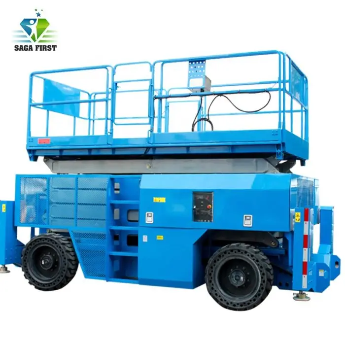 4~16m SAGA FIRST All Rough Terrain 4Wx4S Wheels Steering Diesel Kubota Engine Aerial Crawler Scissor Lift Platform for Sale — image 3