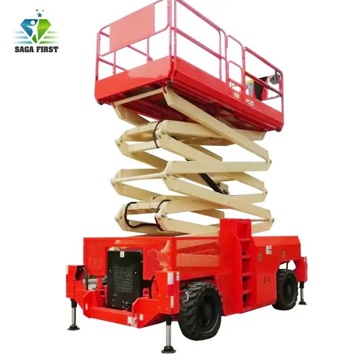 4~16m SAGA FIRST All Rough Terrain 4Wx4S Wheels Steering Diesel Kubota Engine Aerial Crawler Scissor Lift Platform for Sale — image 6