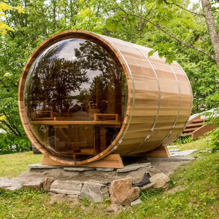 Pure Canadian Red Cedar Outdoor Wooden Traditional Steam Panoramic Barrel Sauna Room — image 3