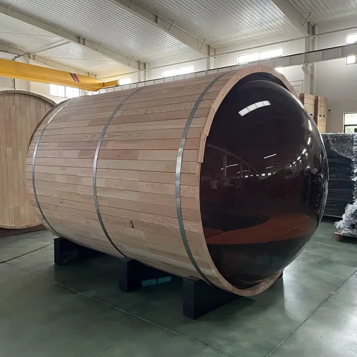 Pure Canadian Red Cedar Outdoor Wooden Traditional Steam Panoramic Barrel Sauna Room — image 4