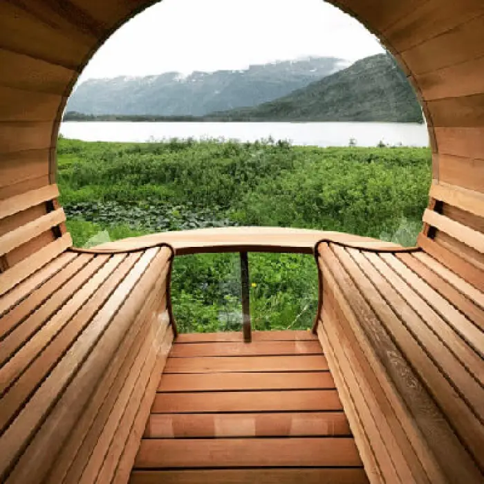 Pure Canadian Red Cedar Outdoor Wooden Traditional Steam Panoramic Barrel Sauna Room — image 6