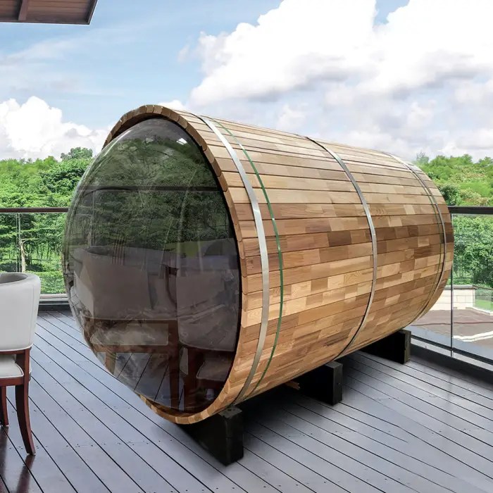 Outdoor Wood Fired Panoramic Garden Large Size Dry Steam Sauna Spa Use Barrel Sauna Room for Sale — image 3