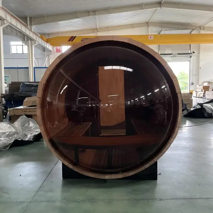 Outdoor Wood Fired Panoramic Garden Large Size Dry Steam Sauna Spa Use Barrel Sauna Room for Sale — image 4