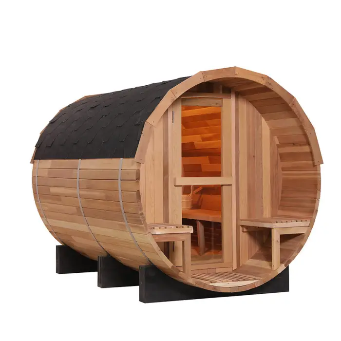 Cheapest 4 - 8 People Outdoor Barrel Steam Sauna Rooms Traditional Wood Sauna for Sale — image 3