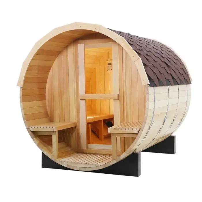 Cheapest 4 - 8 People Outdoor Barrel Steam Sauna Rooms Traditional Wood Sauna for Sale — image 6
