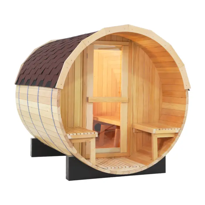 Cheapest 4 - 8 People Outdoor Barrel Steam Sauna Rooms Traditional Wood Sauna for Sale — image 7