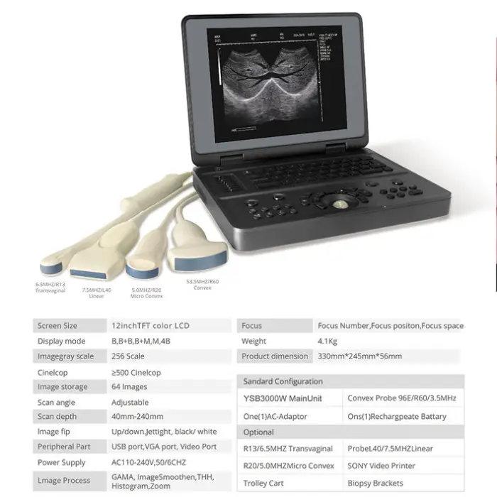 YSB3000W Ysenmed Portable B/W Notebook Ultrasound Machine with Convex Probe Electric Power 12-inch TFT Color LCD Display — image 5