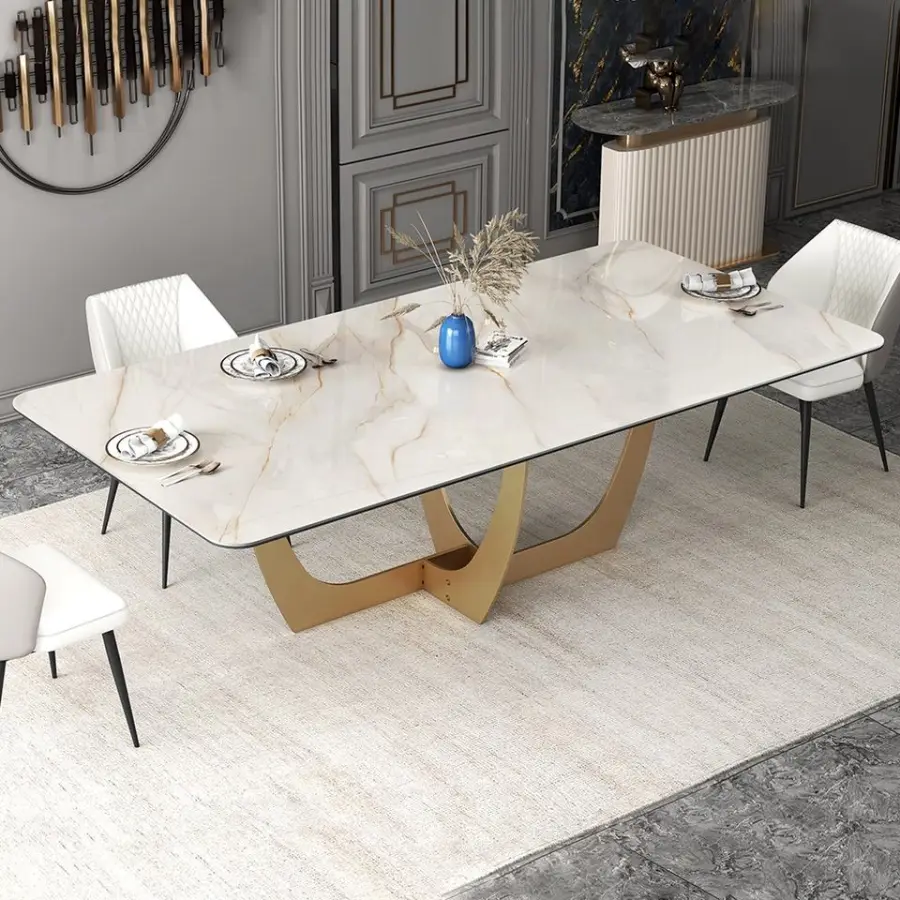 French Living Dining Room Furniture Table Set Metal Base Gold Stainless Steel Leg Customized Design Rectangular Dining T — view 1