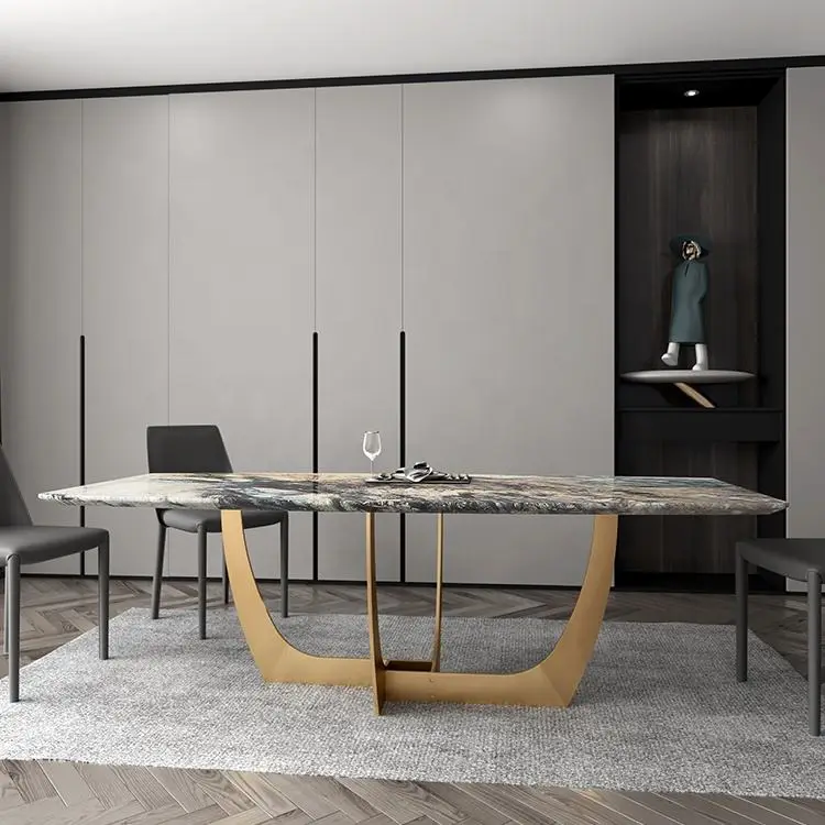 French Living Dining Room Furniture Table Set Metal Base Gold Stainless Steel Leg Customized Design Rectangular Dining T — view 2