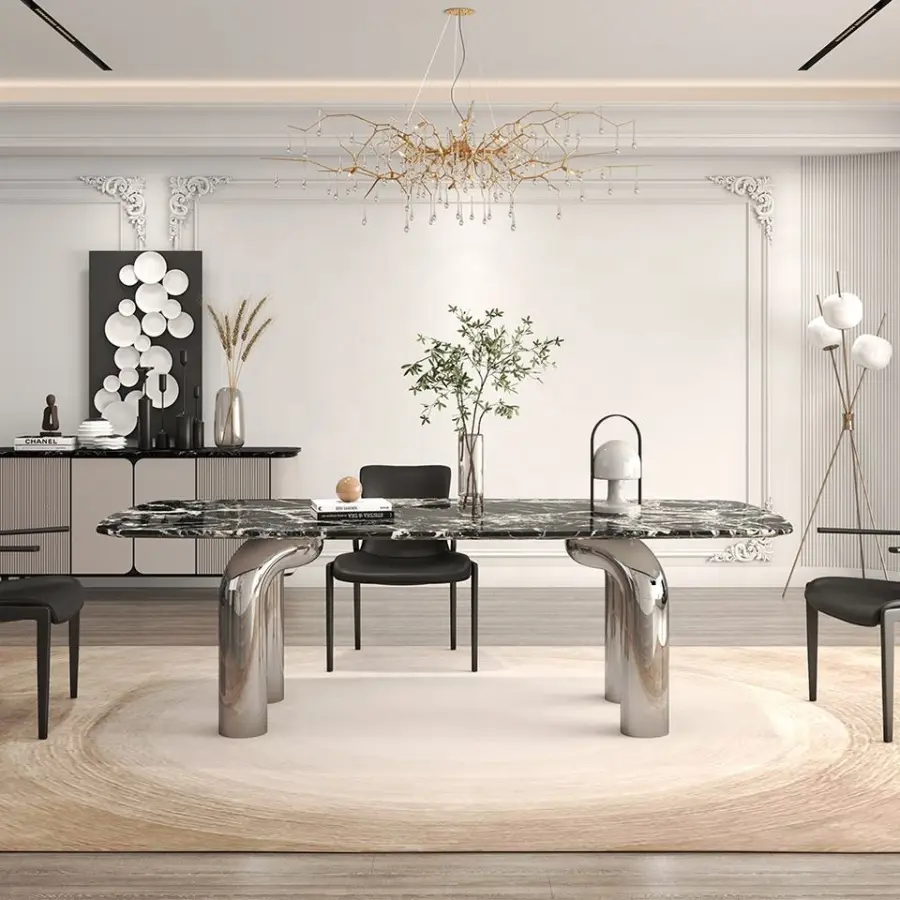 Standard Height Rectangular Hardwood Solid Wood Dinner Table or Double Arch Legs Onyx Marble Dining Fixed Table — view 2