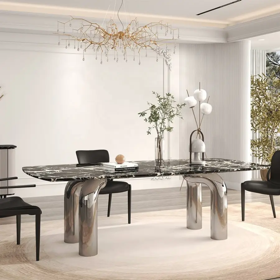 Standard Height Rectangular Hardwood Solid Wood Dinner Table or Double Arch Legs Onyx Marble Dining Fixed Table — view 4