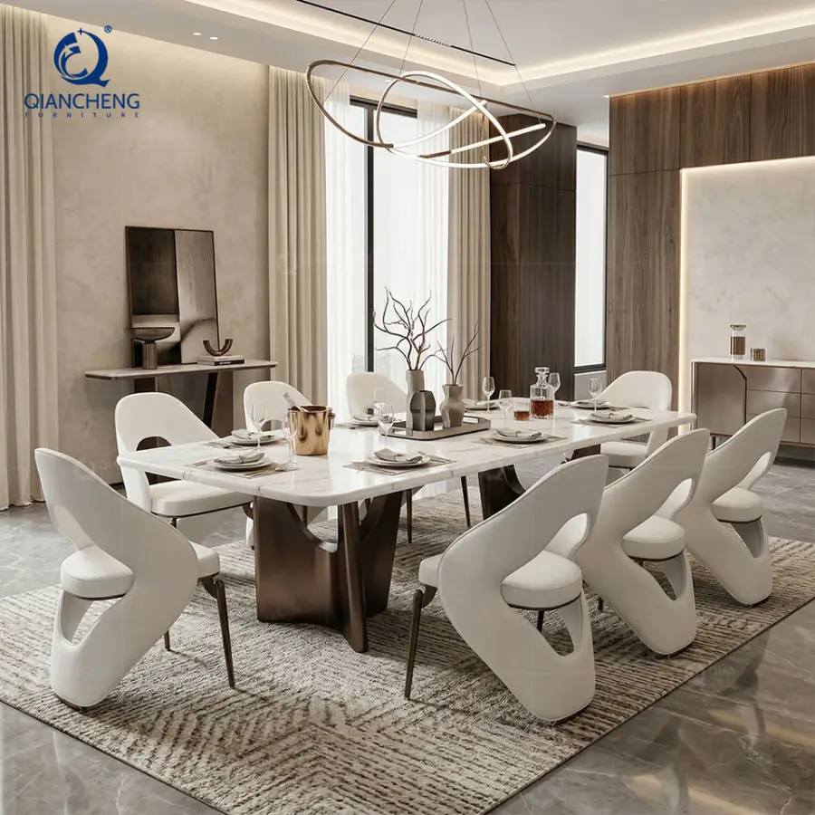 China Foshan Dining Room Furniture Table Set 6 8 Seater Luxury Modern Marble Stainless Steel High End Dining Table Chair — image 3